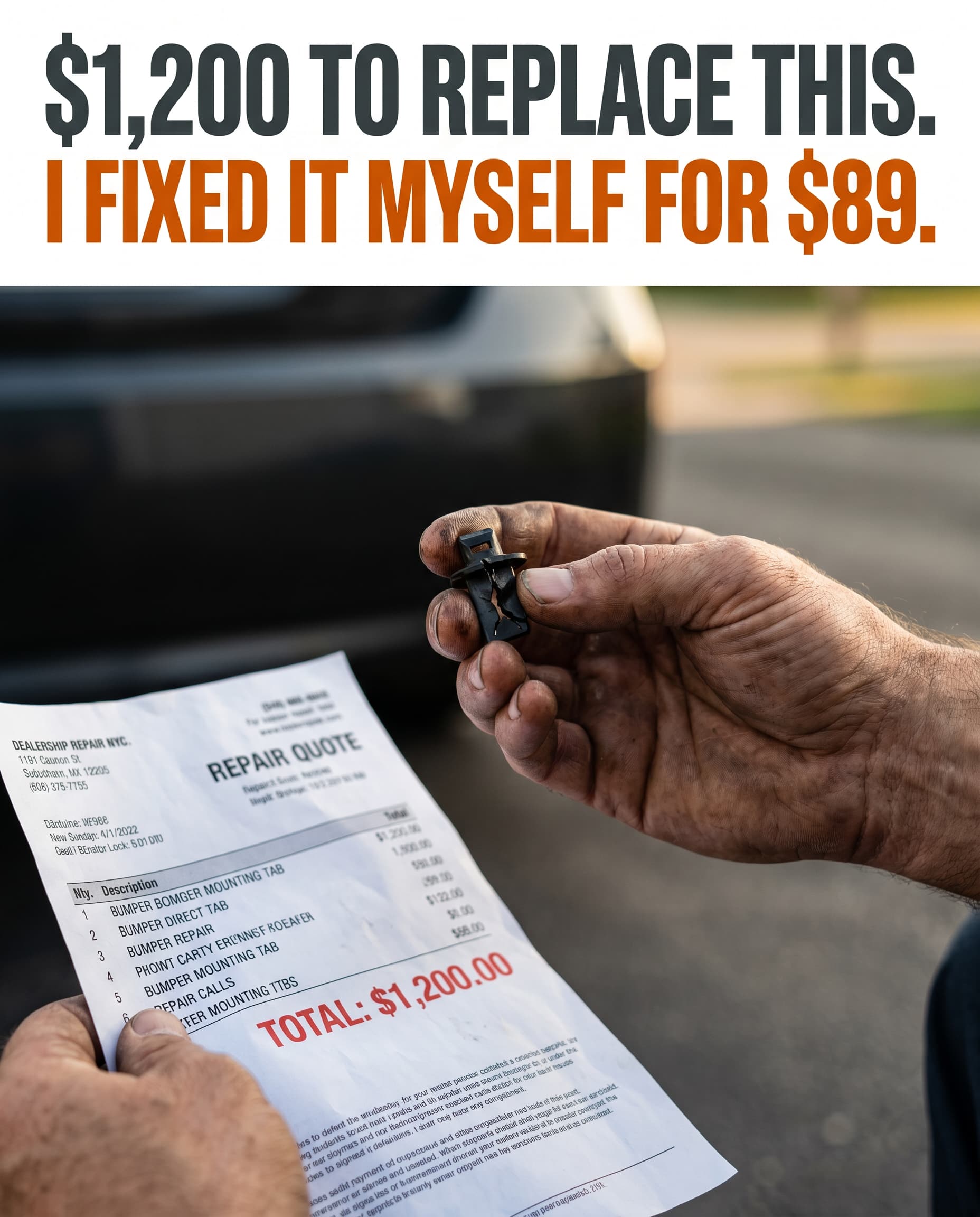 A grease-stained hand holds a thumb-sized broken bumper tab beside a $1,200 dealer repair quote. Headline reads: $1,200 to replace this. I fixed it myself for $89.