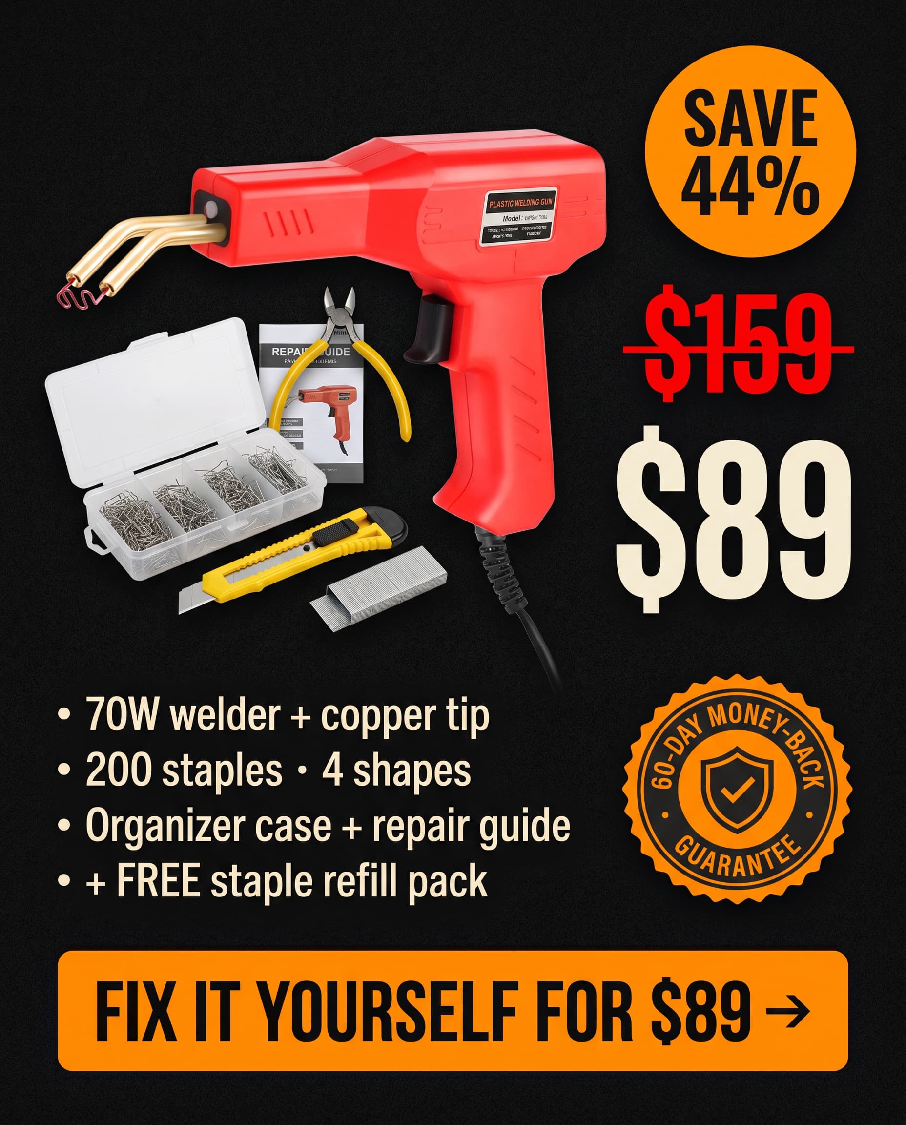 Save 44%: $159 reduced to $89. 70W welder with copper tip, 200 staples in 4 shapes, organizer case, repair guide, free staple refill, 60-day money-back guarantee. Fix it yourself for $89.