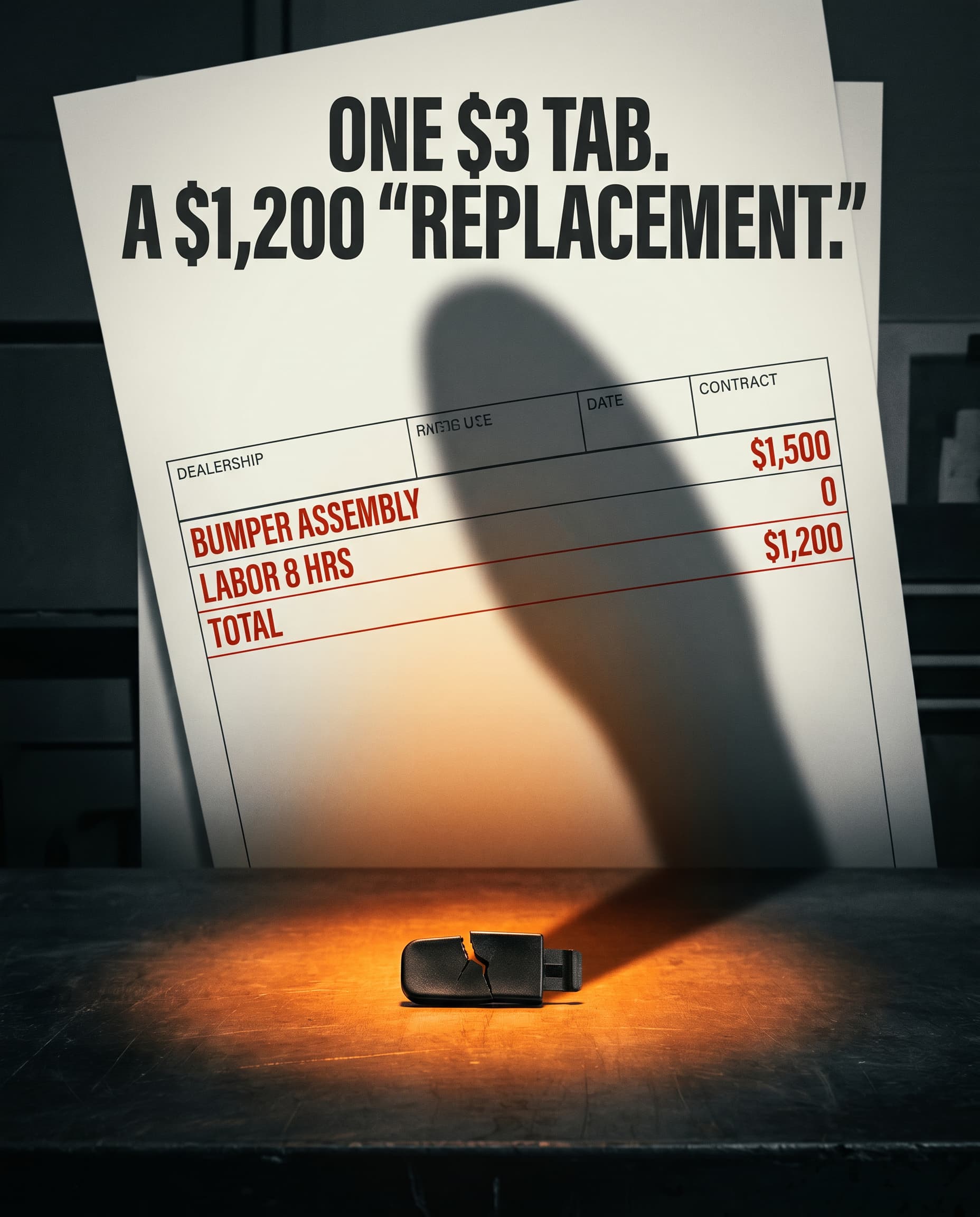 A spotlit broken bumper tab dwarfed by a giant looming dealer invoice. One $3 tab. A $1,200 replacement.