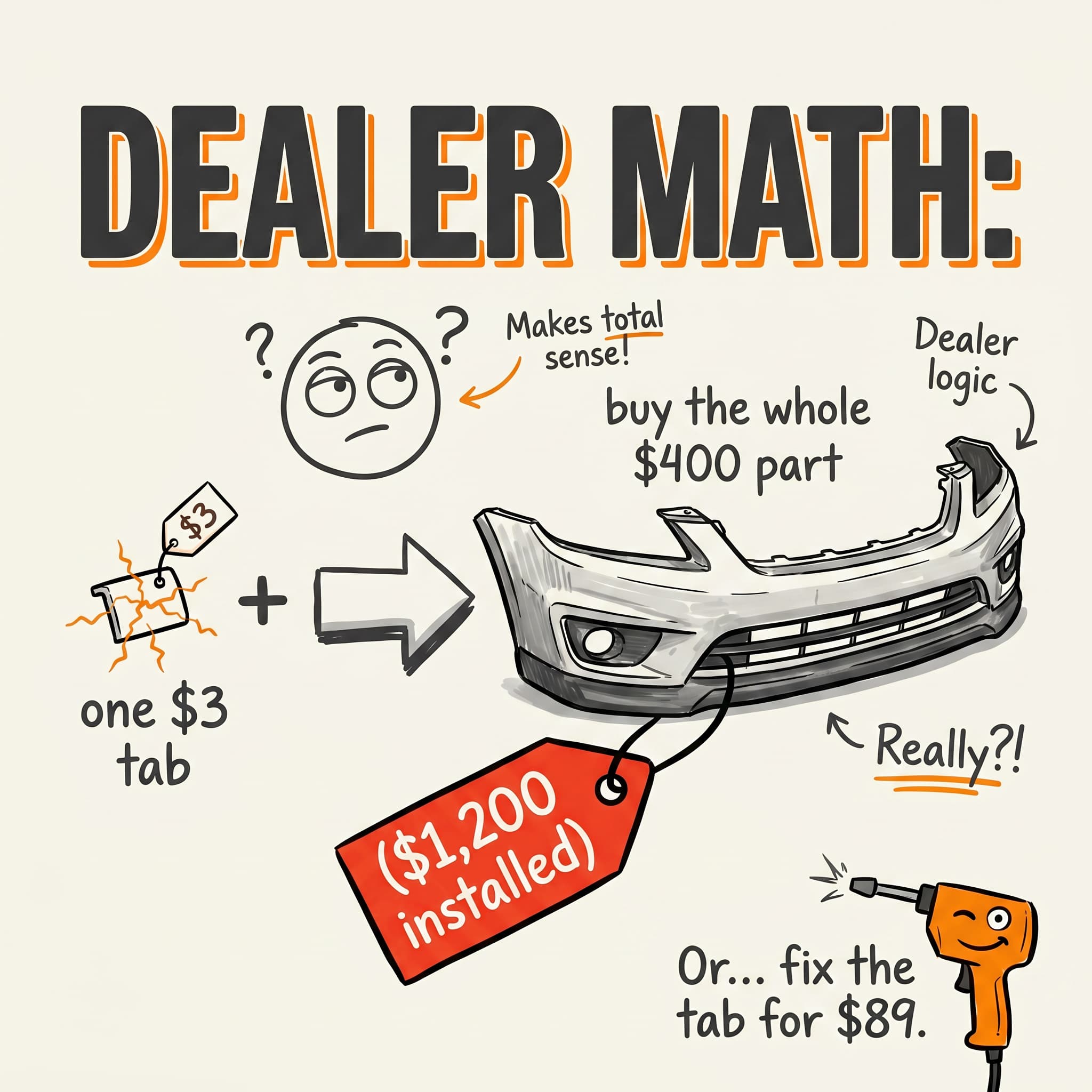 Dealer math cartoon: one $3 cracked tab plus the whole $400 bumper equals $1,200 installed. Or fix the tab for $89.