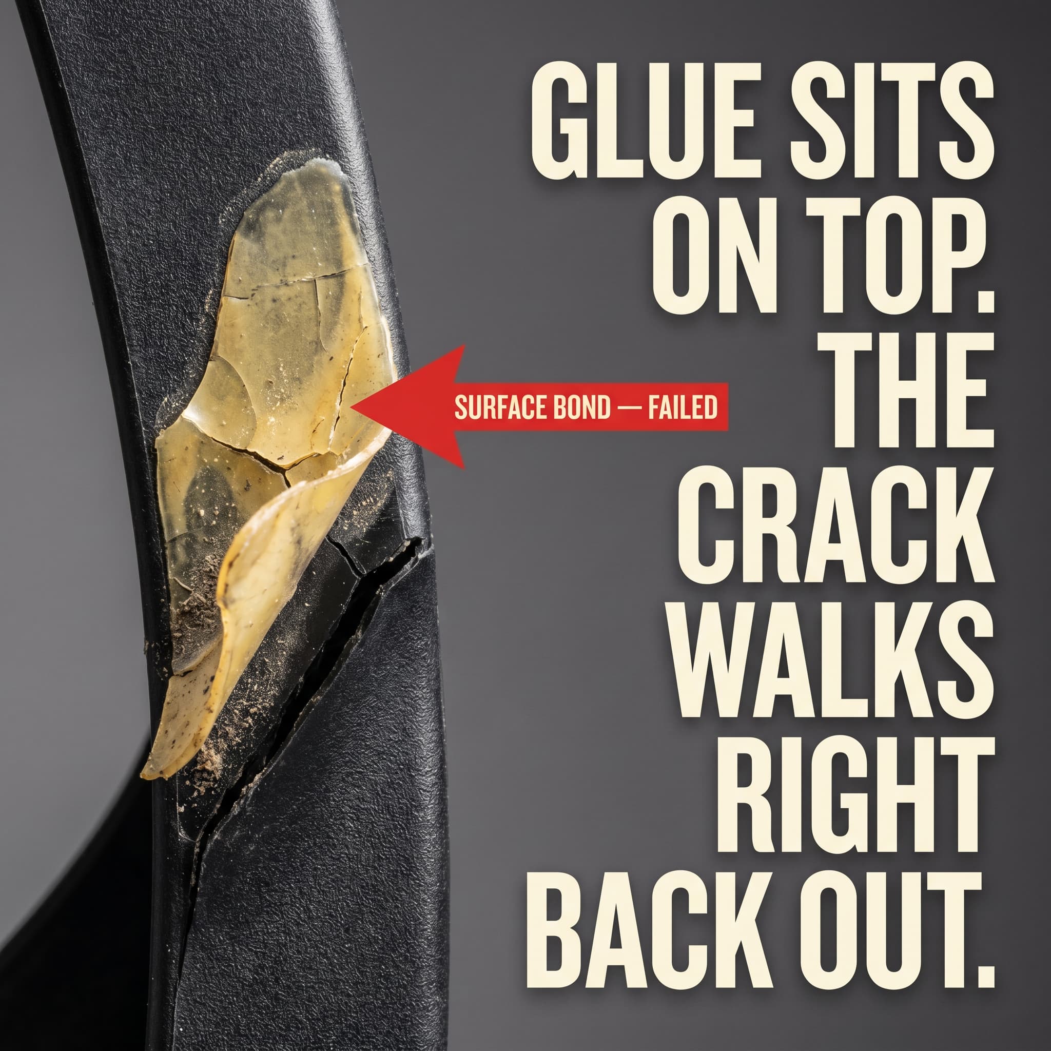 Macro of yellowed epoxy peeling off a flexed black plastic panel as the crack reopens underneath. Glue sits on top; the crack walks right back out.