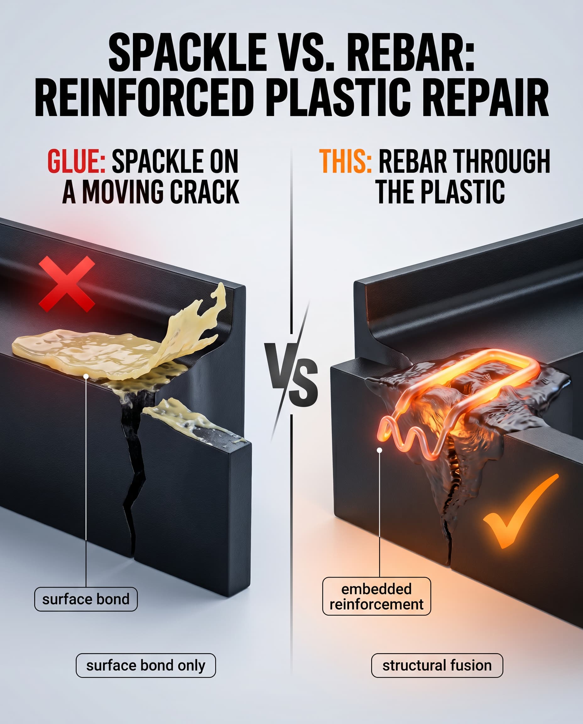 Cutaway comparison: glue as a surface bond that fails, versus a heated staple embedded inside the plastic like rebar. Spackle vs. rebar.