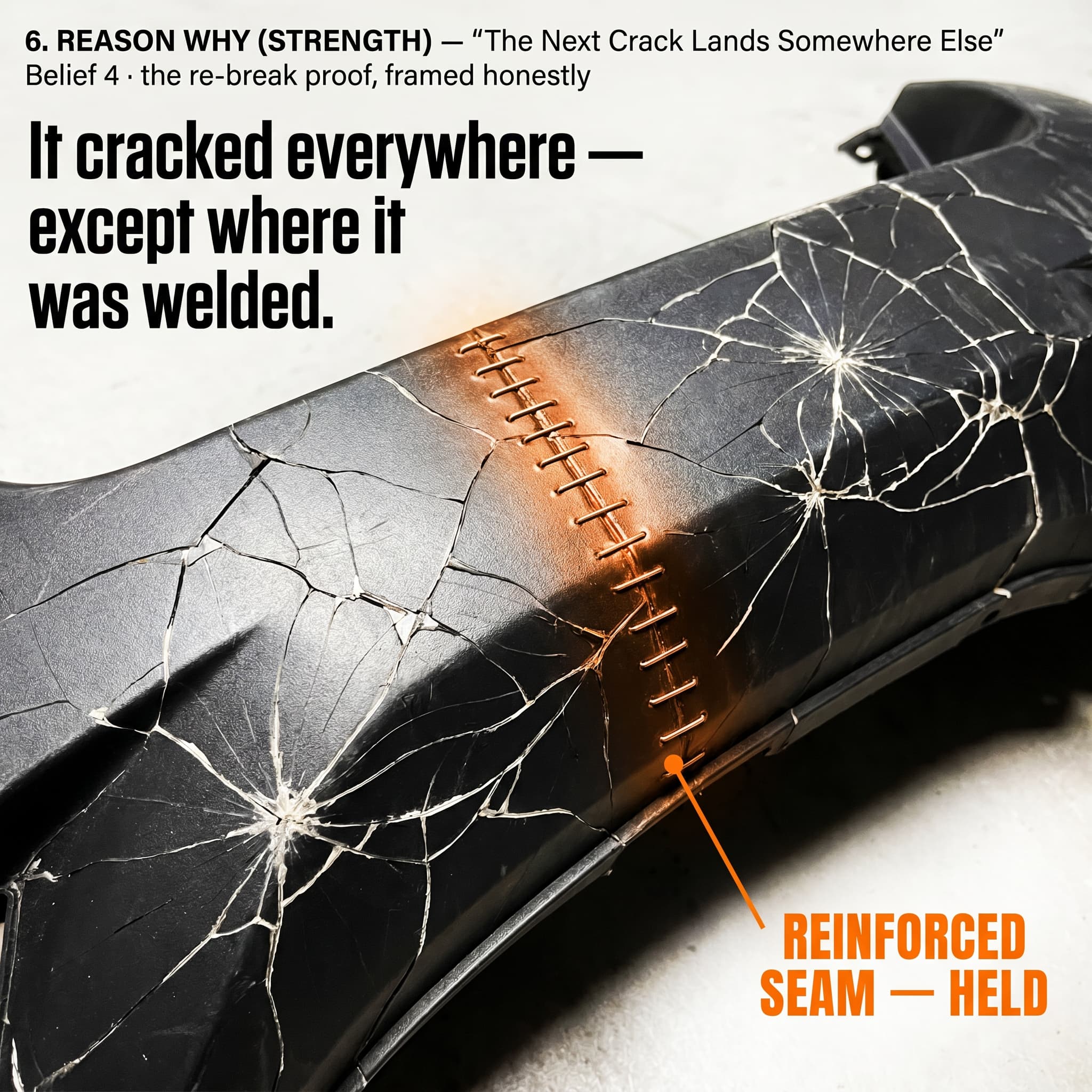 A black plastic panel cracked everywhere except along a glowing welded and reinforced seam that held.