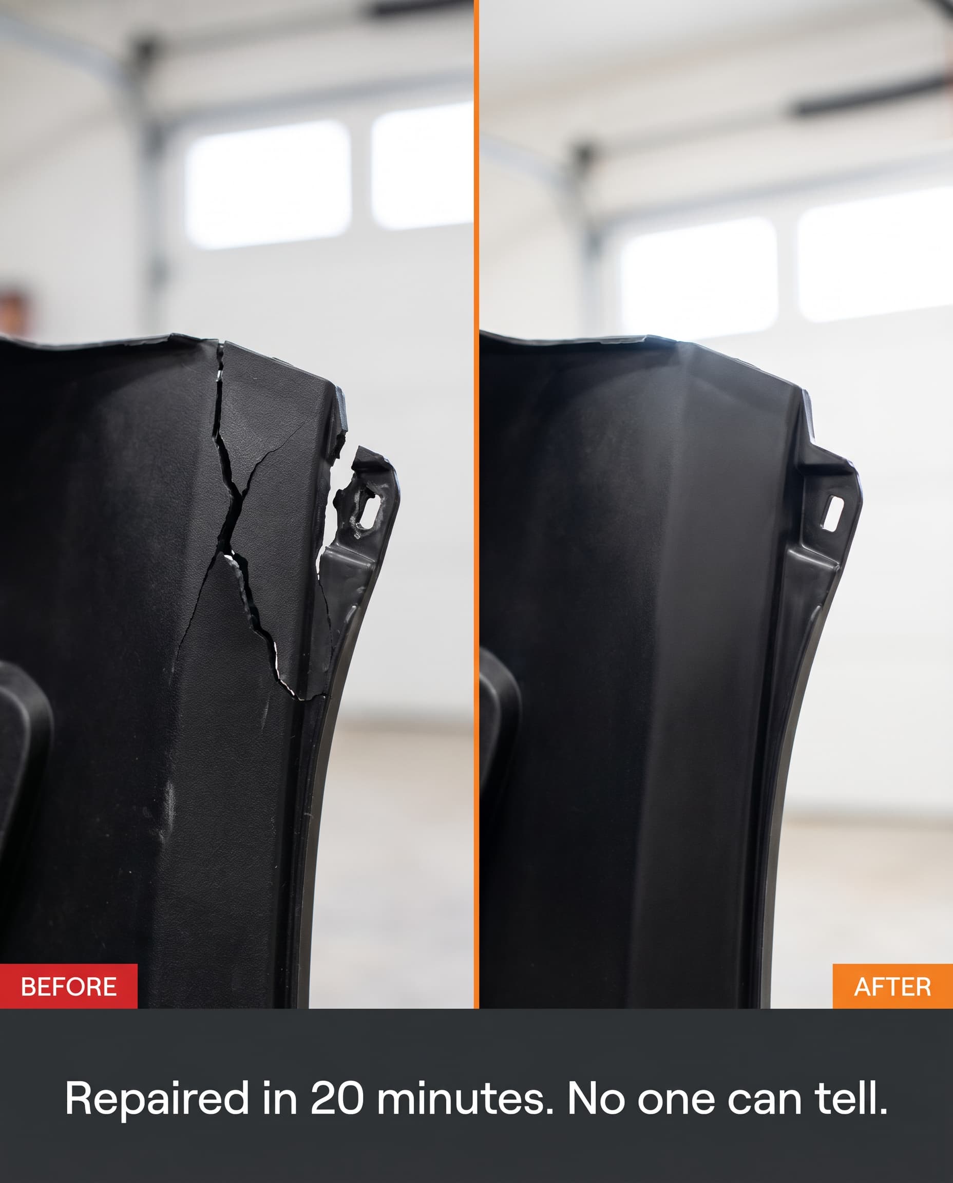 Before and after of a cracked bumper corner repaired flush and invisible. Repaired in 20 minutes; no one can tell.