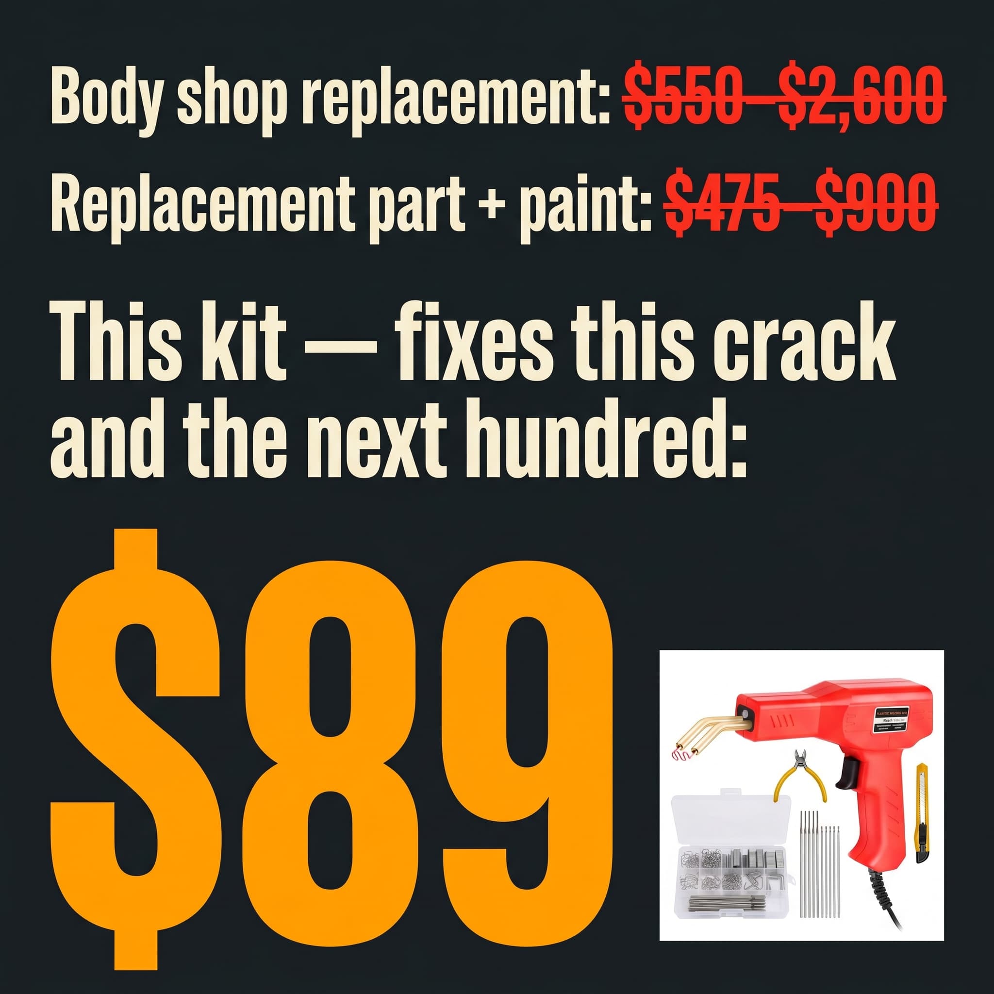 Body shop replacement $550 to $2,600 and replacement part plus paint $475 to $900 crossed out; this kit is $89.